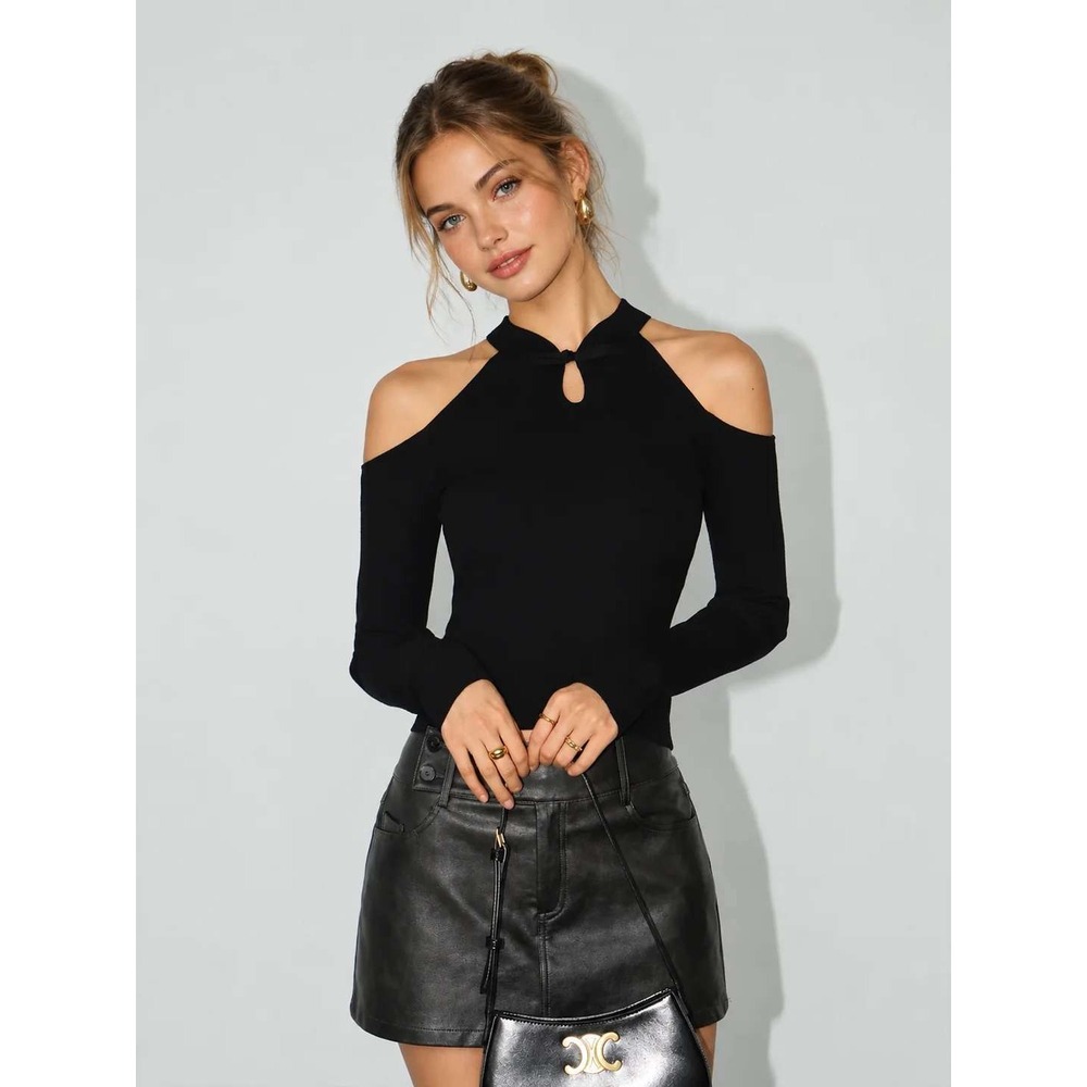 COMMENSE Black Cold Shoulder Knot Mock Neck Long Sleeve Jersey Top Size XS